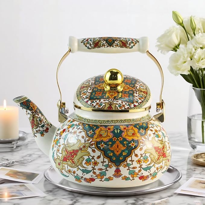 Vintage Enamel Tea Kettle with Porcelain Handle, 2.5L Stovetop Teapot - Non-Toxic, Rust-Resistant, Heat-Resistant, Hot Water Coffee Teapot for Kitchen Decor Christmas Gift