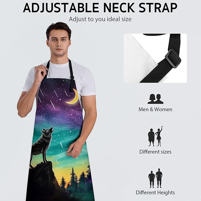Mystical Wolf Apron, Adjustable Kitchen Moonlit Night and Aurora Sky Design Aprons with Pockets for Cooking BBQ Gardening, 28×33 IN, Holiday Gifts for Women Men, for Chef Baking, Oxford Fabric