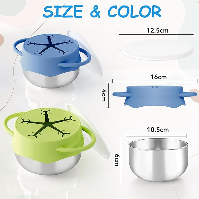 2 Pack 3-in-1 Stainless Steel Snack Containers for Toddlers with Spill-Proof Silicone Lids & Dual Handles - Baby Snack Box, Toddler Snack Cups, Perfect for Healthy Eating (Blue+Green)