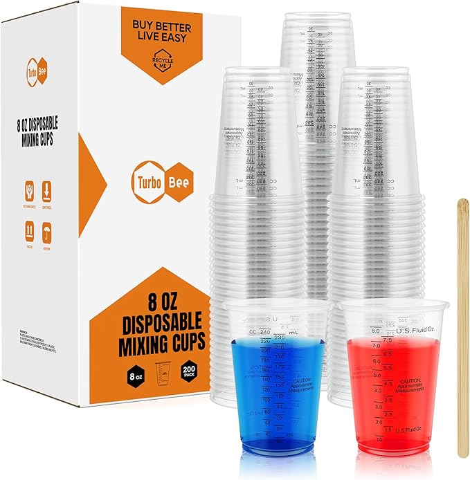 Turbo Bee Plastic Measuring Cups 8OZ,200 PACK Disposable Mixing Cups with 200 Mixing Sticks,Paint Graduated Measuring Tumblers for Epoxy Resin, Paint Mixing, Art DIY
