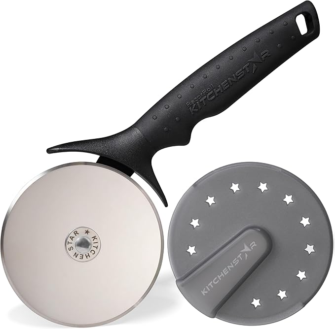 KitchenStar Pizza Cutter Wheel - 304 Stainless Steel Slicer Knife with Super Sharp Blade, Anti-Wobble Axle Mechanism, Ergonomic Non-Slip Handle & Protective Cover, Dishwasher Safe