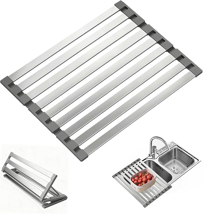 Roll Up Dish Drying Rack Over The Sink Kitchen,304 Stainless Steel, Foldable Organizer, 16.5"x13" Compact Size, Fits Kitchen & RV Sinks, Heavy Duty for Dishes, Fruits & Vegetables