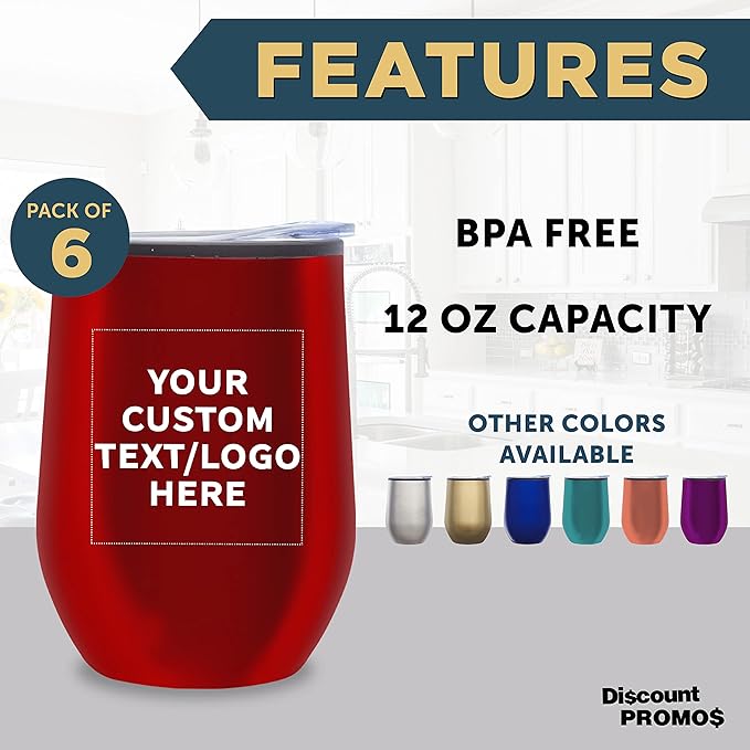 Custom Stemless Wine Tumblers 12 oz. Set of 6, Personalized Bulk Pack - Insulated, Perfect for Wine, Cocktails, Other Hot & Cold Beverages - Red