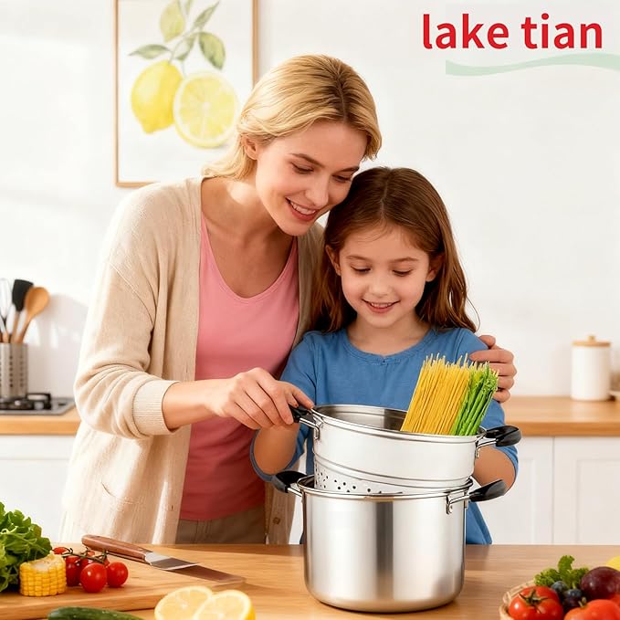 Stainless Steel Pasta Pot With Strainer Insert 4pc 10 Quart, Steamer for cooking, Spaghetti Pot, Stock & Pasta Pots Multipots, Steamer Set With Basket With Lid, Induction Compatible