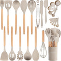 26 Pcs Silicone Cooking Utensils Set with Holder, NCUE BPA Free Kitchen Utensils Set for Cooking, 446°F Spatulas Silicone Heat Resistant Wooden Handle Spoon Tongs Non-stick Kitchen Gadgets (Khaki)