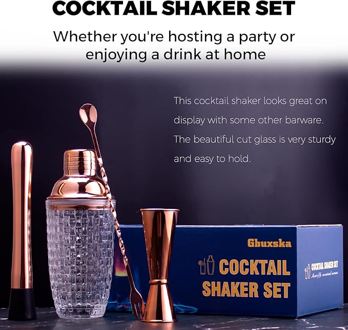 Cocktail Shaker Set - Glass Mixed Drink Shakers Cocktail Set, Martini Shaker with Strainer for Bars, Whiskey, Cocktails (Rose Gold Set)