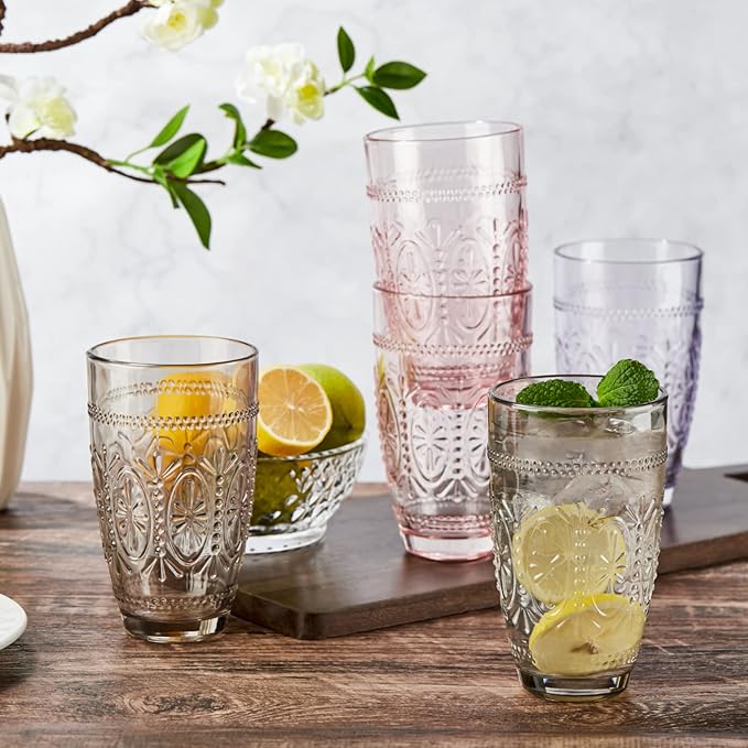 CREATIVELAND Colored Vintage Drinking Glasses Set of 4, 15.5 oz Romantic Embossed Water Glasses, Colored Tumblers Tempered Glass for Juice, Beverages, Beer, Cocktail