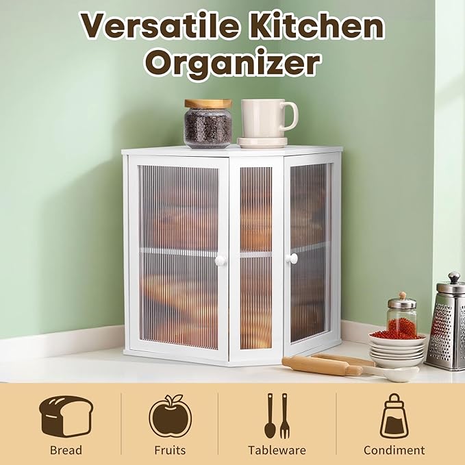 Corner Bread Box for Kitchen Countertop - Bamboo Large Capacity Bread Storage Bin with Acrylic Wavy Door Panel,Dual Door Bread Organizers Under Cabinet Mount Shelf (White)