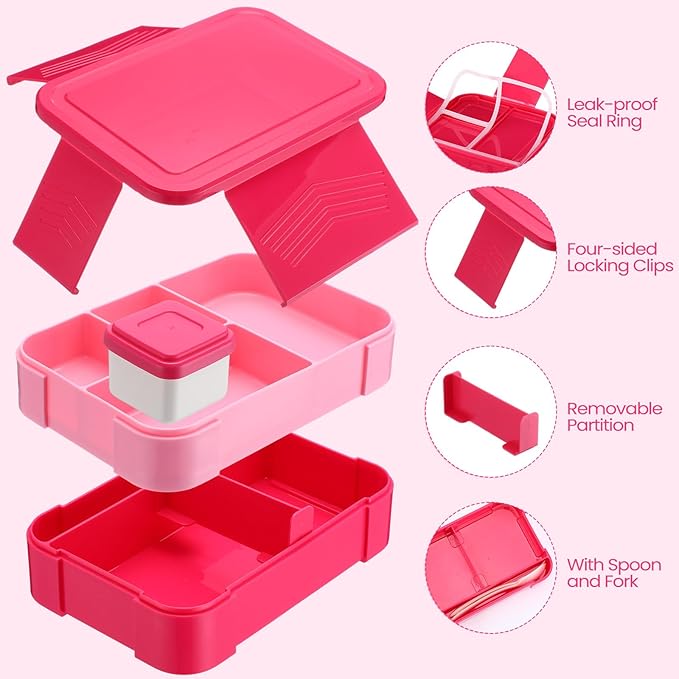 6-compartment Bento Box, 50oz Lunch Container with Utensils & Sauce Cup, Microwave & Dishwasher Safe, Leakproof Lunch Box for Adults Men Women(Rose Red)