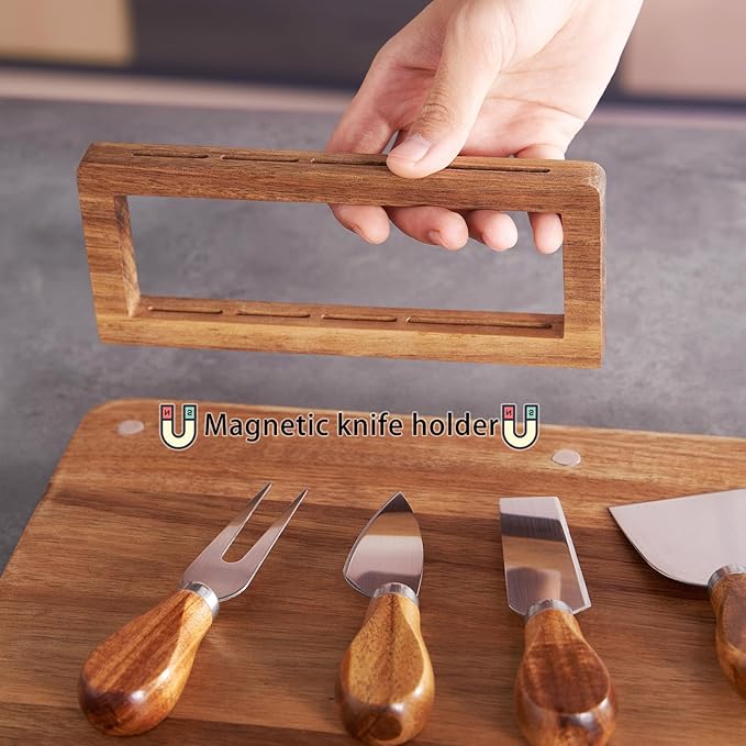 Acacia Wood Charcuterie Board, Cheese Board Set with Magnetic Knife Holder, 14"x 11" Large Serving Tray for Meat and Cheese, Ideal Gift for Anniversary, Christmas, Thanksgiving, Wedding, Halloween