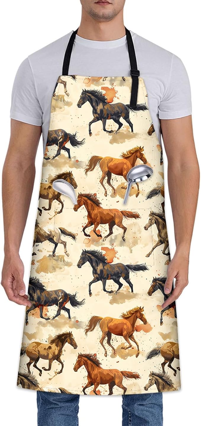 Running Horse Apron, Adjustable Kitchen Watercolor Horses Design Aprons with Pockets for Cooking BBQ Gardening, 28×33 IN, Holiday Gifts for Women Men Wife, for Chef Baking, Oxford Fabric