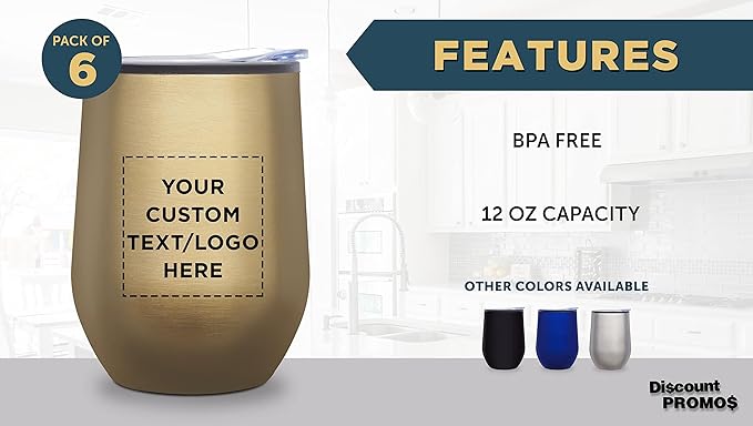 Custom Stemless Wine Tumblers 12 oz. Set of 6, Personalized Bulk Pack - Insulated, Perfect for Wine, Cocktails, Other Hot & Cold Beverages - Gold