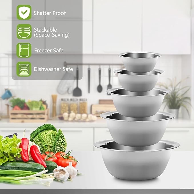 Mixing Bowls Set, Stainless Steel Mixing Bowl Set of 5, Space-Saving Nesting Metal Mixing Bowls for Home Kitchen, RV Kitchen, Baking, Prep, Cooking, Serving, Marinating