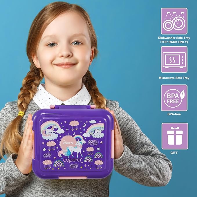 Caperci Bento Box for Kids - Leak-Proof Lunch Box Snack Container with 2 Modular Containers & 4 Compartments, Hold 4.8 Cups, Portable Handle, BPA-Free, Microwave/Dishwasher Safe (Unicorn)