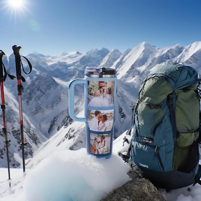 Personalized 40oz Tumbler with Handle, Custom Insulated Tumblers with Pictures Logo, Stainless Steel Travel Coffee Mug, Personalized Gifts for Women Men Birthday Fathers Day Mothers Day(8 PHOTOES)