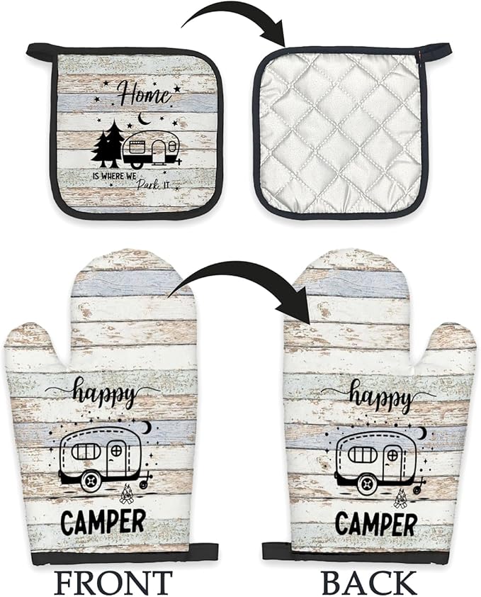 Camping Gifts Oven Mitts and Pot Holders Sets, Happy Camper Gifts Rv Kitchen Accessories Sets, Camping Themed Home is Where We Park It Heat Resistant Oven Glove Potholders for Kitchen Cooking