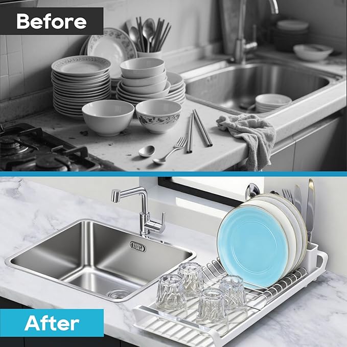 Small Expandable Dish Drying Rack – Compact & Space-Saving – No Spout, No Leaks – Durable, Rust Resistant & Easy to Clean – Ideal for Kitchens, Apartments & RVs – Extend 10.9 to 18.6 inches (White)