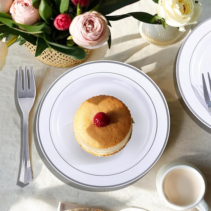 WELLIFE 240PCS Silver Plastic Dessert Plates - Includes 120PCS Silver Forks, 120PCS 6.3 Inch Salad & Appetizer Plates - Perfect for Weddings & Parties