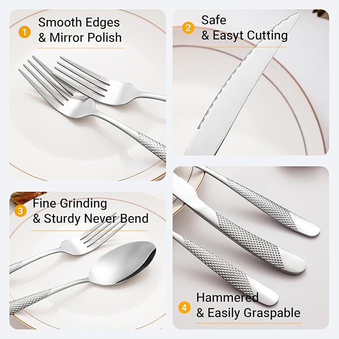 24-Piece Silvery Hammered Silverware Set, Food-Grade Stainless Steel Flatware Service for 6, Modern Cutlery Utensil Set with Forks Knives Spoons, Mirror Polished, Dishwasher Safe for Dining Restaurant