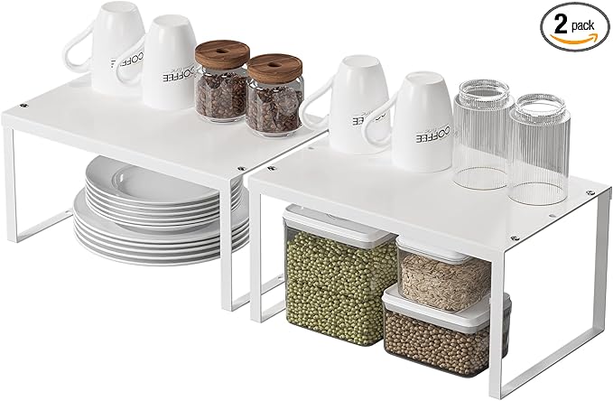 Cabinet Organizer Shelf, Set of 2 Cabinet Shelves, Stackable Metal Kitchen Counter Organizer, Adjustable Countertop Cupboard Pantry Shelf Riser Storage Rack, WHite
