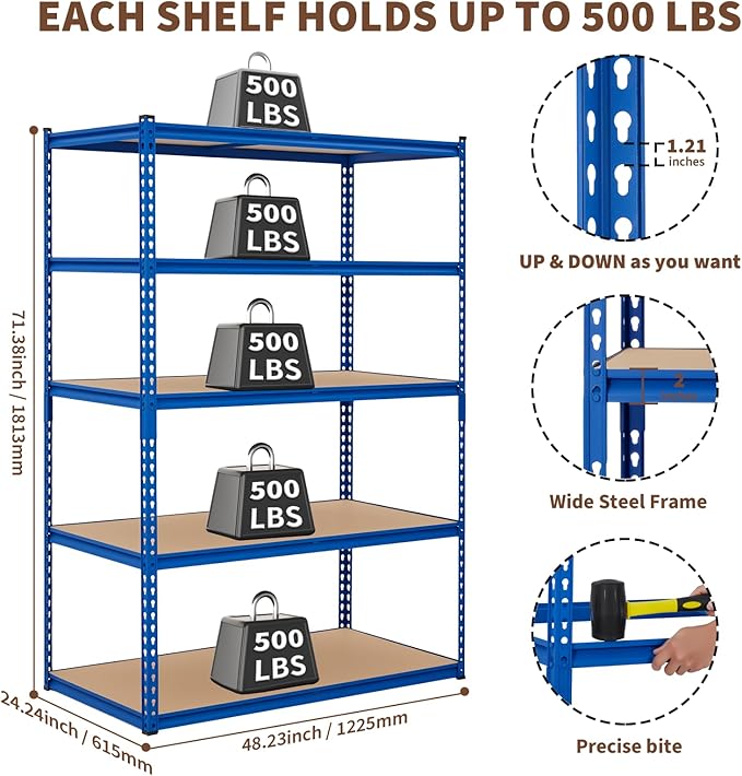 GarveeHome 5 Tier Garage Storage Shelves, 2500LBS Capacity Metal Shelving Unit for Garage, Industrial, Warehouse, Kitchen, Closet, 48" W x 24" D x 71" H, Blue