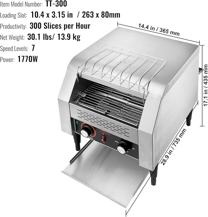 VEVOR Commercial Conveyor Toaster, 300 Slices/Hour, Heavy Duty Stainless Steel, Electric Restaurant Toaster for Toast, Bun, Bagel, Bread