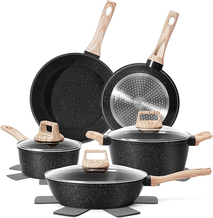 12 Pcs Pots and Pans Set Non Stick, Cookware Sets Black Granite Induction Cookware, Non-toxic Healthy Nonstick Kitchen Cooking Set with Frying Pans Set, Saucepans (PFAS/PFOA/PFOS Free)