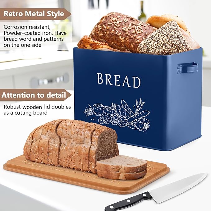 P&P CHEF Bread Box for Kitchen Counter, Metal Bread Storage Bin with Wooden Cutting Lid, Large Capacity for Holding 2+ Loaves, Retro Modern Style, Size 13” x 7.2” x 9.7”, Blue