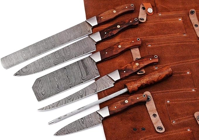 HM-(Brown) Custom Made Damascus Steel #6 Pcs of Professional Utility Kitchen knives Set Comes with Sweet Leather Roll Kit (3712)