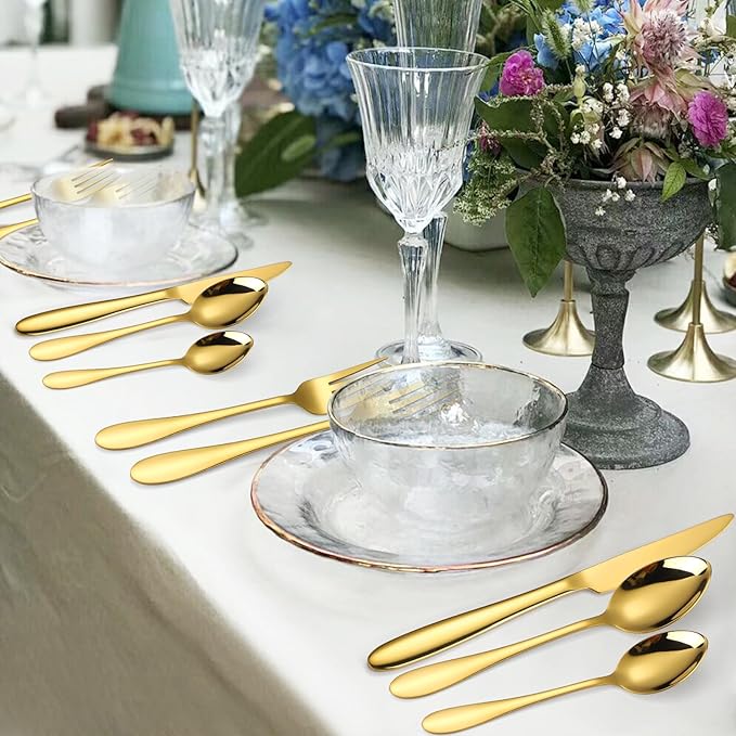 Gold Silverware Set for 8 Stainless Steel Flatware 40 Pieces Forks Knives and Spoons Heavy Utensils Thick Handle for Restaurant Parties Formal Occasions Everyday Use