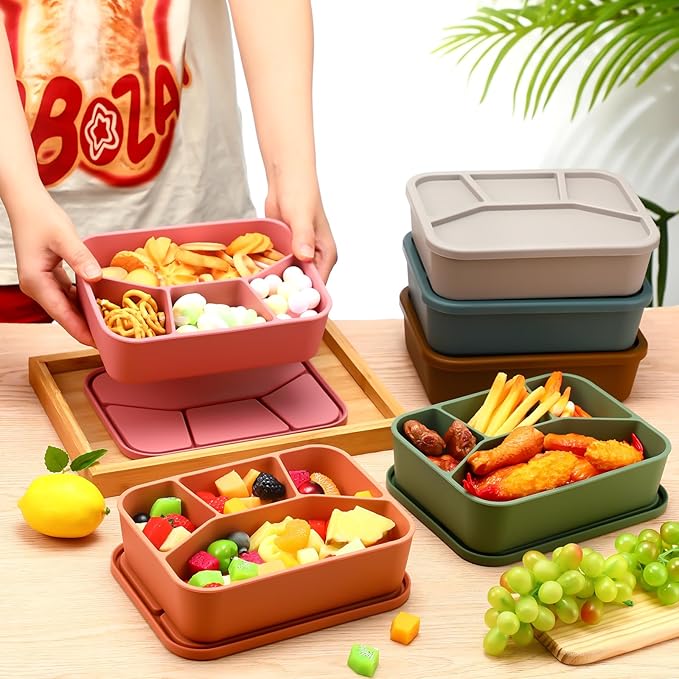 Honeydak 4 Pcs Silicone Bento Box Reusable Lunch Container 4 Compartment Snack Boxes with Lid Smooth LeakProof Rectangle Food Boxes for Adult Work Travel Food Storage (Cute Color)
