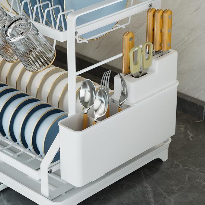 2-Tier Dish Drying Rack, White Metal Large, Space Saving Countertop Mount with Drainboard, Utensil Holder, 16.5x12.7x13.3 Inches