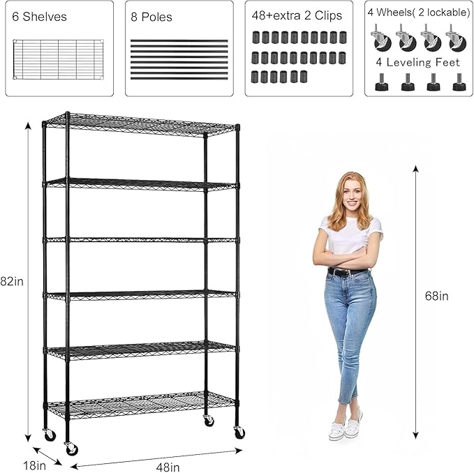 6 Tier Wire Shelving with Wheels, 2100lbs Storage Shelves Metal Shelves for Storage Rack, Adjustable Garage Shelf Heavy Duty Shelving Units Pantry Shelf Kitchen, (48"x18"x82", Black)