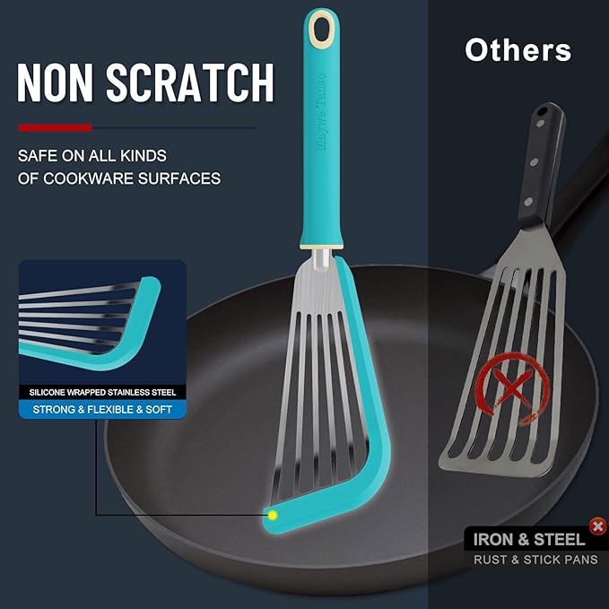 Fish Spatula,600℉ Heat Resistant Silicone Fish Spatula with Basting Brush,for Nonstick Cookware,Flexible Slotted Fishs Turner Spatulas,BPA Free,Dishwasher Safe(Aqua Sky)