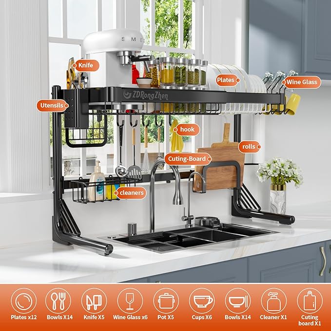 ZDRongZhen Over The Sink Dish Drying Rack,2 Tier Full 304 Stainless Steel Dish Drainer Rack,Adjustable Length (22.8''~35.04'') Kitchen Storage Counter with Cup Hanging Set and Hooks (Black-2Tier)