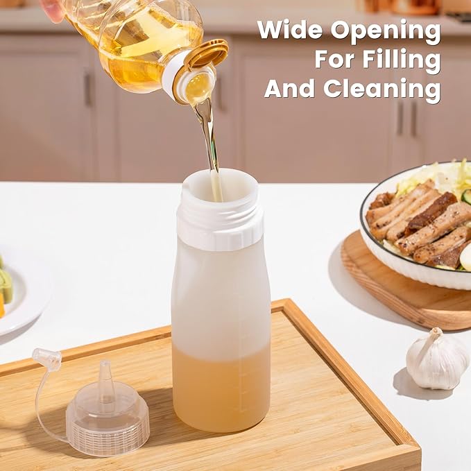 Condiment Squeeze Bottles, 16 oz Silicone Squeeze Bottles For Sauces, Leak Proof Condiment Containers with Extra Interchangeable lid, Easy Squeeze for Oil, Honey & Dressings, BPA FREE (4 Pack)