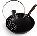 13-inch Round-Bottom Deep-Nitrided Carbon Steel Wok with Tempered Glass Lid & 304 Stainless Steel Rack, Naturally Nonstick After Seasoning, for Induction Wok Cooktops & Gas Stoves