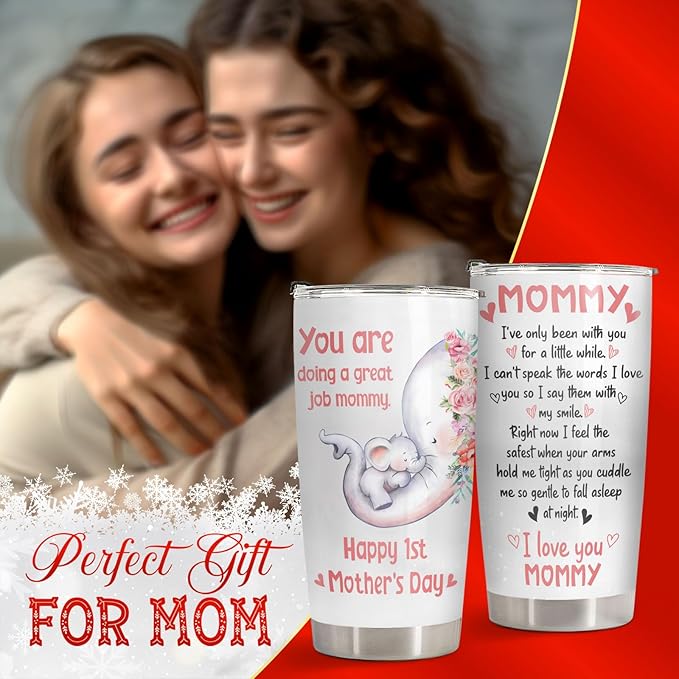 34HD Elephant Mom Tumbler 20oz, Stainless Steel Vacuum Insulated First Mothers Day Mug with Lid, Elephant Gifts for First Time, New, Expecting Mommy, Mother and Child Gifts