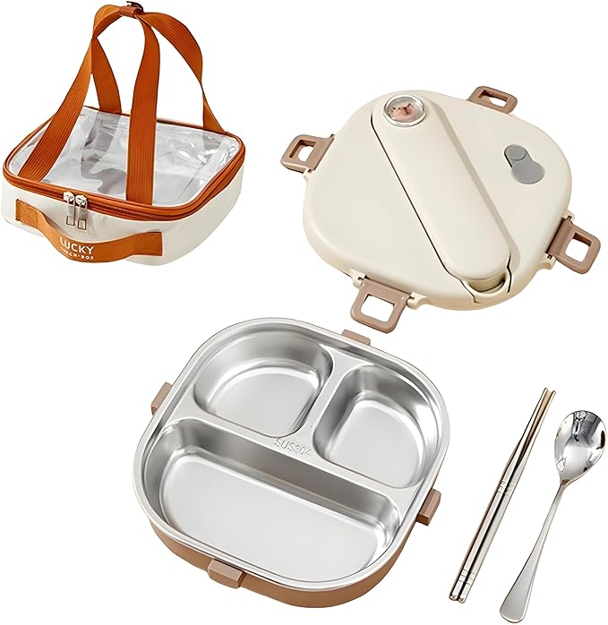 Stainless Steel Bento Box, 800ml Leakproof Lunch Box, Easy To Open And Close, Food Storage Container For Outings, Picnics, And Travels (3 Compartments, + Insulation Bag)