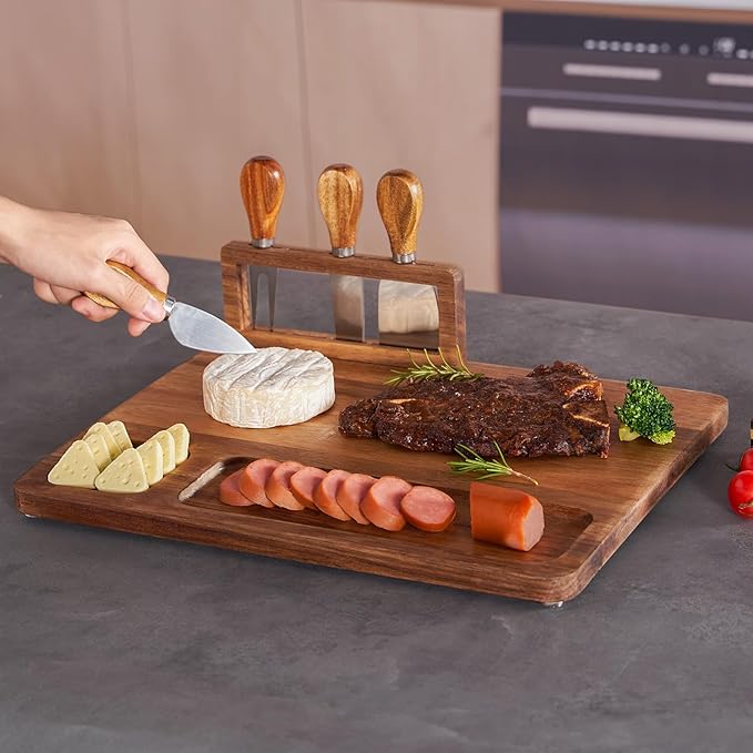 Acacia Wood Charcuterie Board, Cheese Board Set with Magnetic Knife Holder, 14"x 11" Large Serving Tray for Meat and Cheese, Ideal Gift for Anniversary, Christmas, Thanksgiving, Wedding, Halloween