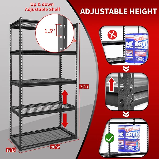The Atlas 36" W x 18" D x 72" H Adjustable Garage Storage Shelves Load 4000 lbs, 5 Tier Heavy Duty Shelving Unit, Metal Utility Storage Rack for Warehouse Pantry Basement Kitchen, Black