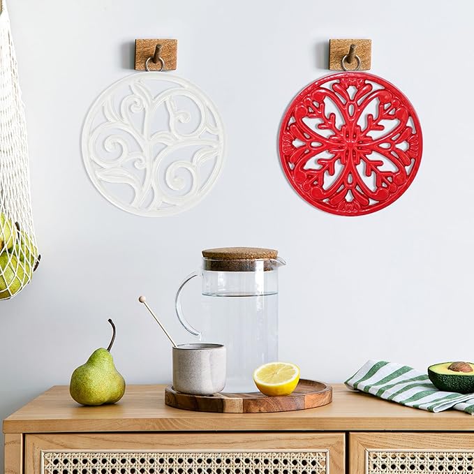 JOGREFUL Cast Iron Trivet Mats, Kitchen Pot Holders to Portect Table/Countertops, Heat Resistant Mats for Teapot/Hot Dishers/Plates, Vintage Mats with Weighted-Base, Vine Pattern, White