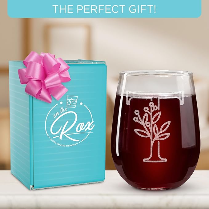 On The Rox Drinks Monogrammed Gifts For Women and Men - Letter A-Z Initial Engraved Monogram Stemless Wine Glass - 17 Oz Personalized Wine Gifts For Women and Men (T)