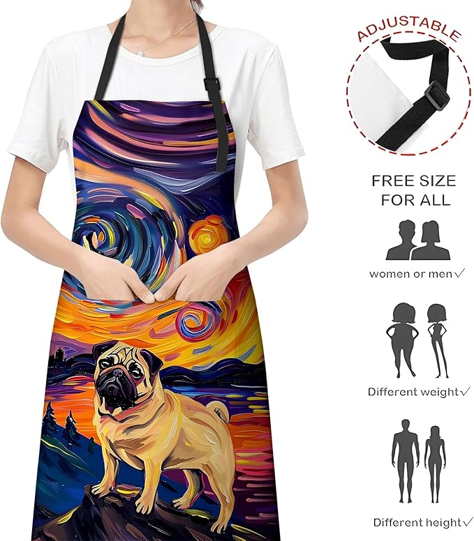 Cute Pug Dog Apron for Women Men, Cooking BBQ Chef Polyester Lightweight Starry Night Aprons with Pockets for Baking Kitchen Gardening Cleaning, Adjustable Neck Strap, 28×33inch