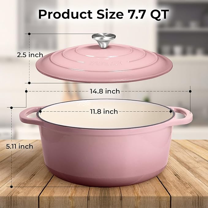 Zulay Kitchen 7.7 Quart Enameled Cast Iron Dutch Oven Pot with Lid – Premium Durability & Oven Safe up to 500°F – Heavy Duty Cookware Perfect for Bread Baking, Stews, Braising & Roasting – Pink