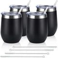 Lifecapido 4 Pack 12Oz Stainless Steel Stemless Wine Glasses, Insulated Wine Tumbler, Stainless Steel Wine Tumbler Cups with Lids and Straws for Coffee, Cocktails, Wine, Champaign, Black…