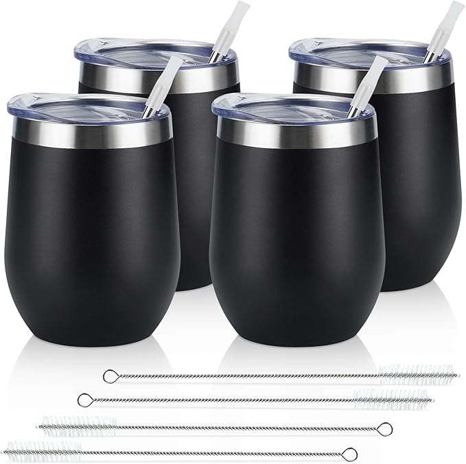 Lifecapido 4 Pack 12Oz Stainless Steel Stemless Wine Glasses, Insulated Wine Tumbler, Stainless Steel Wine Tumbler Cups with Lids and Straws for Coffee, Cocktails, Wine, Champaign, Black…