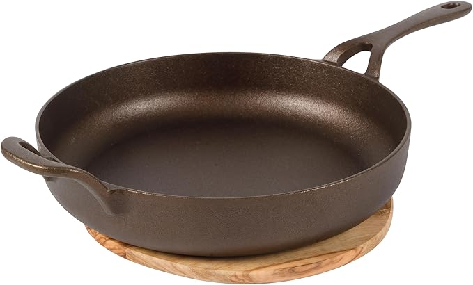 Bloomhouse - Two Time Oprah's Favorite Things Winner - Natural Bronze Finish 10" Cast Iron Skillet w/Long Handle, Helper Handle & Olive Wood Trivet – Olive Oil Treated Fry Pan, Oven & Stovetop Safe