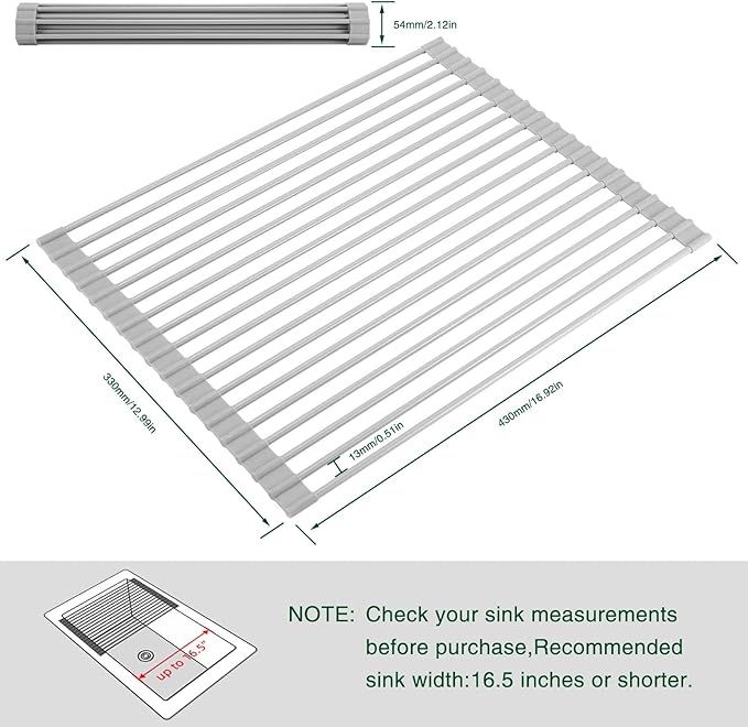 Roll Up Dish Drying Rack Over The Sink Kitchen Roll Up Sink Drying Rack Multipurpose Foldable Sink Drying Mat, Heat-Resistant, Anti-Slip & Anti-Rust Dish Rack for Kitchen, 17" x 13", Grey