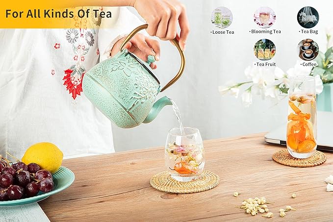 Cast Iron Teapot, TOPTIER Japanese Cast Iron Tea Pot with Infuser for Loose Leaf and Tea Bags, Stovetop Safe Cast Iron Tea Kettle Coated with Enameled Interior for 40 oz (1200 ml), Blush Pink